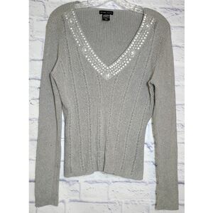 New York Company Gray Silver Metallic Sweater Sequins Knit V Neck Size L Holiday